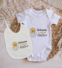 BK Kids Halasının Minik Kuşu Tasarımlı Bebek Body Zıbın ve Mama Önlüğü Hediye Seti - Model 1