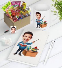 Kişiye Özel Bay Öğretmen Karikatürlü Nostaljik Lezzetler Defter Kalem Kupa Seti-5