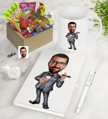 Kişiye Özel Bay Patron Karikatürlü Nostaljik Lezzetler Defter Kalem Kupa Hediye Seti-3