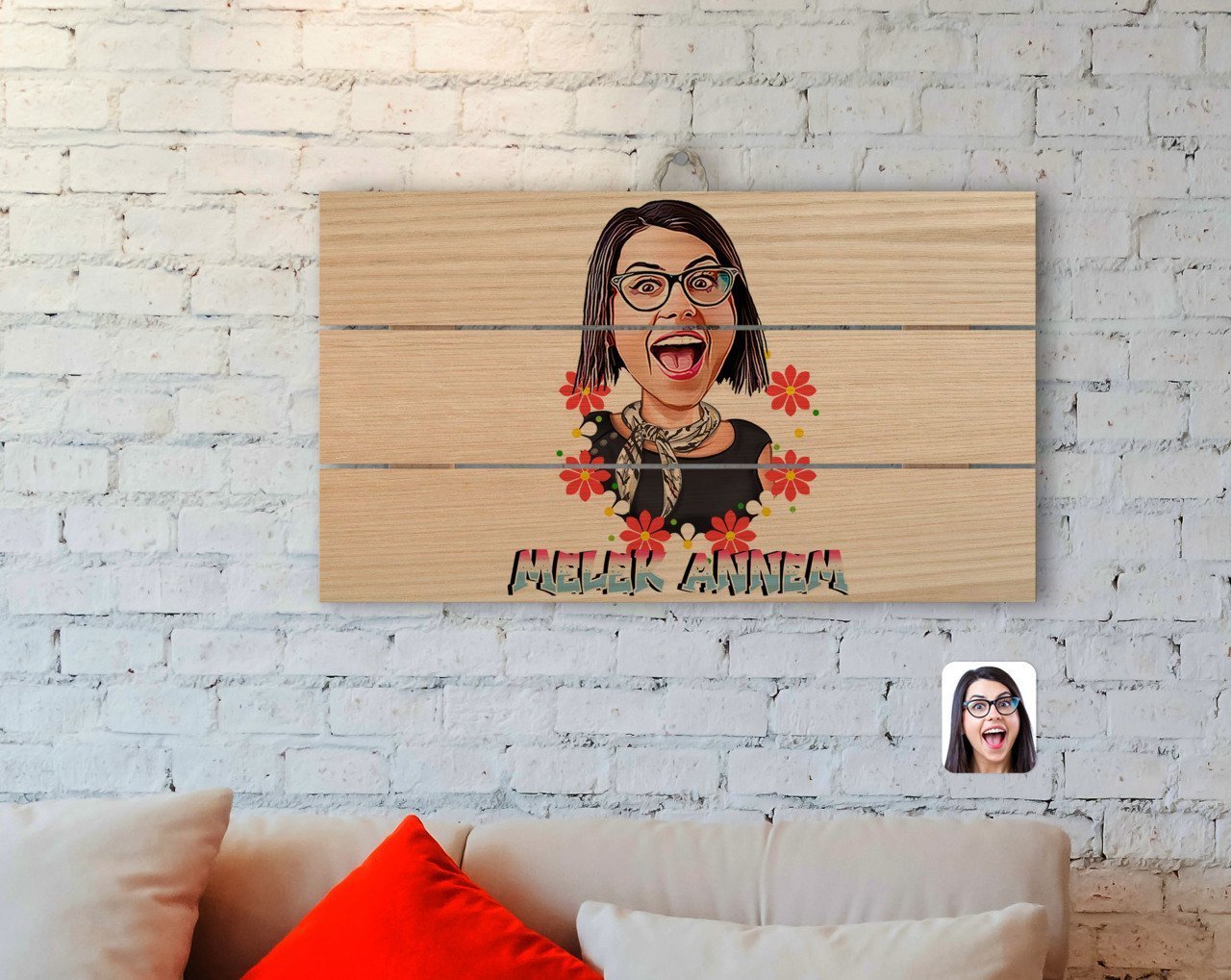 Kişiye Özel Melek Annem Karikatürlü Otantik Ahşap Palet Tablo