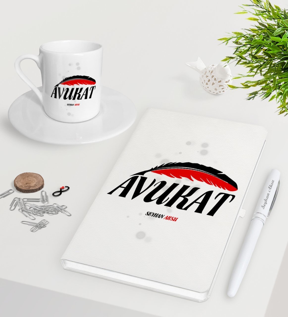 Kişiye Özel Avukat Beyaz Defter Kalem Türk Kahvesi Fincanı Seti-7