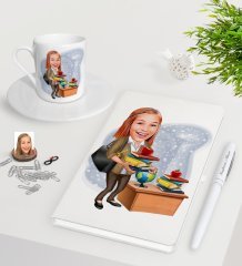 Kişiye Özel Bayan Öğretmen Karikatürlü Beyaz Defter Kalem Türk Kahvesi Fincanı Seti-4