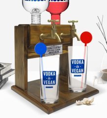 Kişiye Özel Renkli Baskılı Vodka is Vegan Tasarımlı İkili Vodka Bardağı ve Çift Musluklu Doğal Ahşap Vodka Standı-1