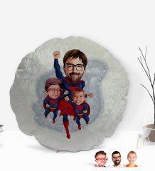 Kişiye Özel Süper Baba 2 Çocuk Karikatürlü Yuvarlak Dekoratif Kırlent Yastık-1