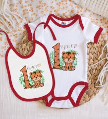 BK Kids 1 Yaşındayım Tasarımlı Kırmızı Bebek Body Zıbın ve Mama Önlüğü Hediye Seti-2