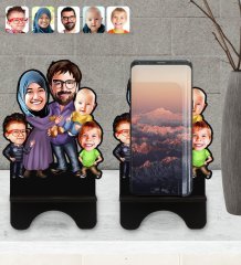 Kişiye Özel Aile Karikatürlü Ahşap Biblo Telefon Standı-8