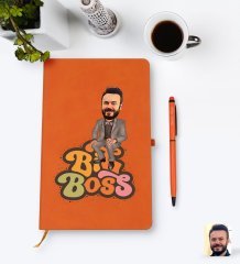Kişiye Özel Erkek Big Boss Karikatürlü Turuncu Termo Deri Defter Kalem Seti Model 3