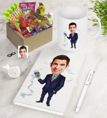 Kişiye Özel Bay Muhasebeci Karikatürlü Nostaljik Lezzetler Defter Kalem Kupa Hediye Seti