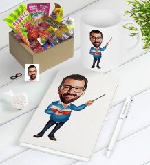 Kişiye Özel Bay Öğretmen Karikatürlü Nostaljik Lezzetler Defter Kalem Kupa Seti-4