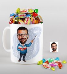 Kişiye Özel Bay Öğretmen Karikatürlü Kupa ve Haribo Fruitbons Şeker Hediye Seti-4