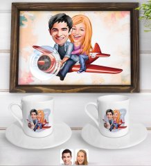 Kişiye Özel Sevgililer Karikatürlü Doğal Ahşap Tepsi ve 2’li Kahve Fincan Seti-11