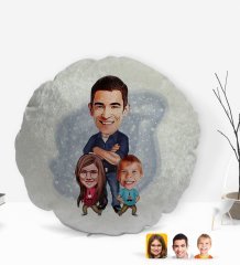 Kişiye Özel Baba Kız Oğul Karikatürlü Yuvarlak Dekoratif Kırlent Yastık-1