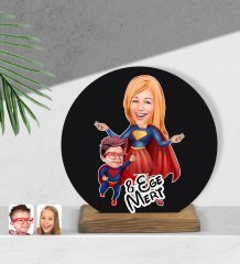 Kişiye Özel Süper Anne ve Çocuk Karikatürlü Yuvarlak Ahşap Biblo-1