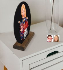 Kişiye Özel Süper Anne ve Çocuk Karikatürlü Yuvarlak Ahşap Biblo-1
