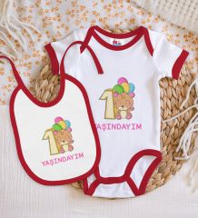 BK Kids 1 Yaşındayım Tasarımlı Kırmızı Bebek Body Zıbın ve Mama Önlüğü Hediye Seti-1