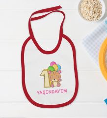 BK Kids 1 Yaşındayım Tasarımlı Kırmızı Bebek Body Zıbın ve Mama Önlüğü Hediye Seti-1