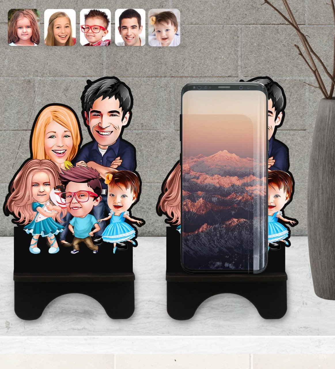Kişiye Özel Aile Karikatürlü Ahşap Biblo Telefon Standı-7