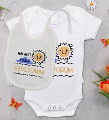 BK Kids Halamı Çok Seviyorum Tasarımlı Bebek Body Zıbın ve Mama Önlüğü Hediye Seti - Model 1