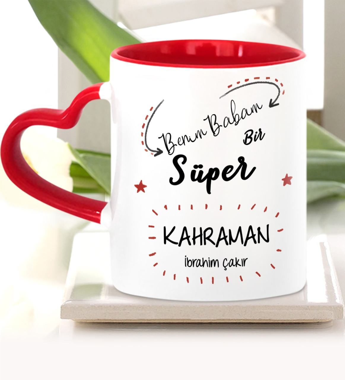 Kişiye Özel Babalar Günü Temalı Kırmızı Kalpli Kupa Bardak 17-499