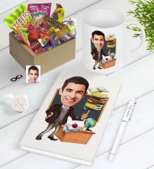 Kişiye Özel Bay Öğretmen Karikatürlü Nostaljik Lezzetler Defter Kalem Kupa Seti-2