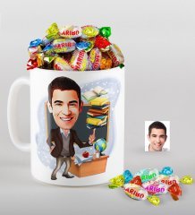 Kişiye Özel Bay Öğretmen Karikatürlü Kupa ve Haribo Fruitbons Şeker Hediye Seti-2