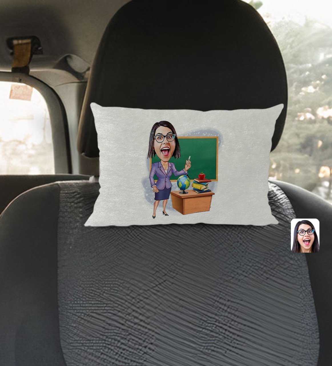 Kişiye Özel Kadın Öğretmen Karikatürlü Dikdörtgen Araç Koltuk Yastığı-1