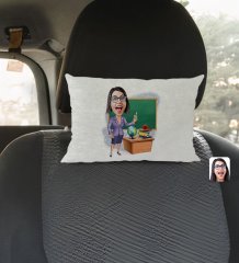 Kişiye Özel Kadın Öğretmen Karikatürlü Dikdörtgen Araç Koltuk Yastığı-1
