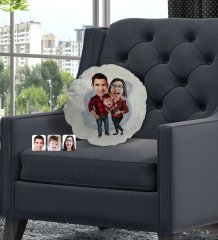 Kişiye Özel Aile Karikatürlü Yuvarlak Dekoratif Kırlent Yastık-2