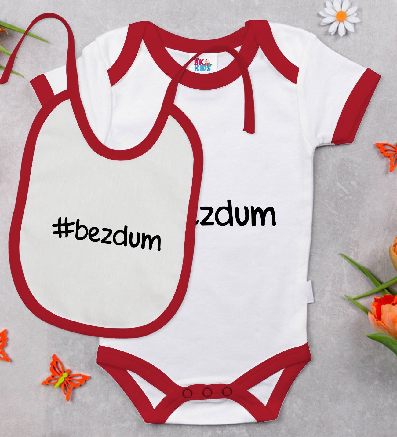 BK Kids Bezdum Tasarımlı Kırmızı Bebek Body Zıbın ve Mama Önlüğü Hediye Seti-1