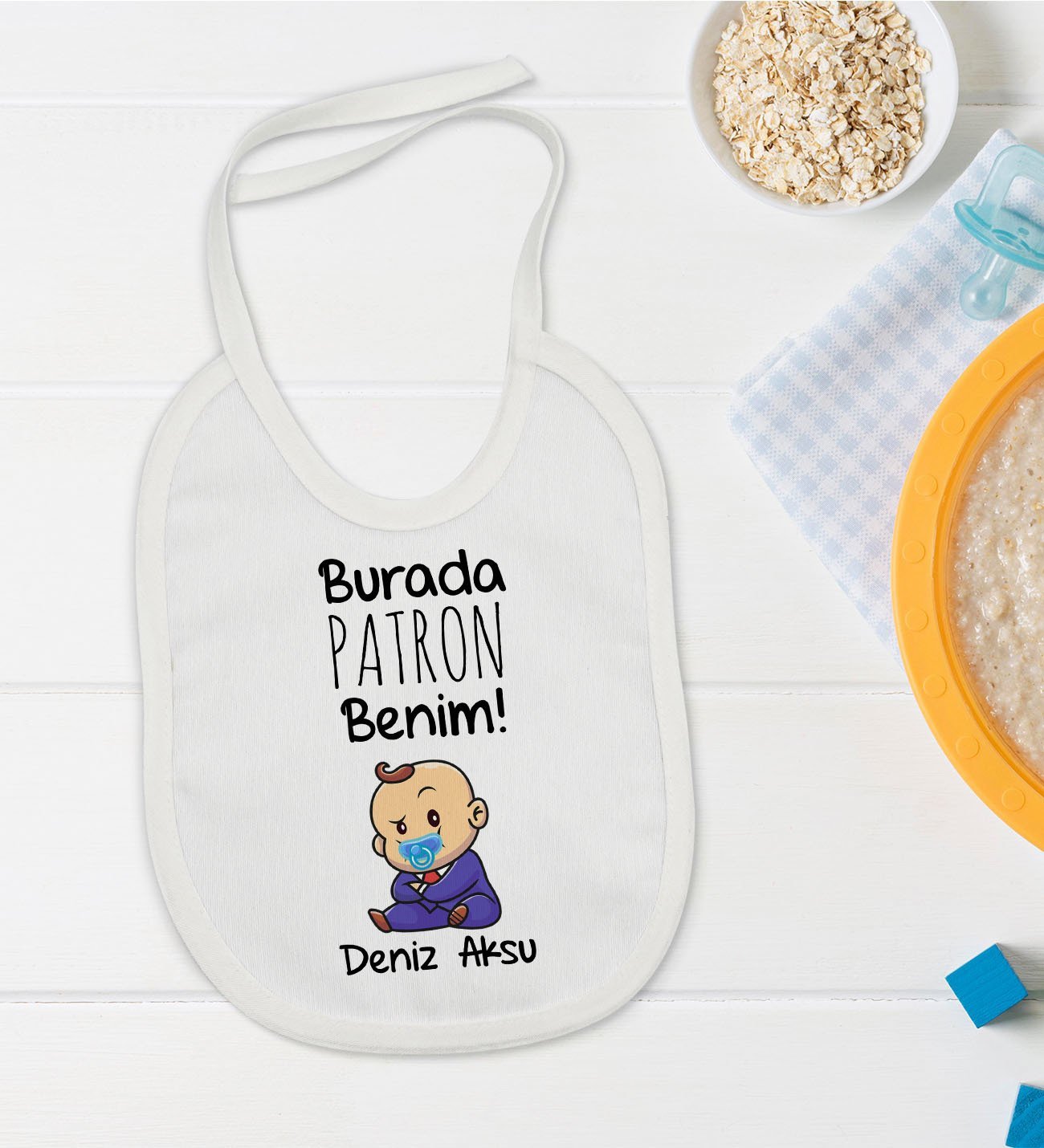 BK Kids Kişiye Özel Burada Patron Benim Tasarımlı Bebek Mama Önlüğü - Model 1