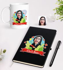 BK Gift Kişiye Özel Öğretmen Karikatürlü Siyah Defter Kalem Kupa Seti - 7