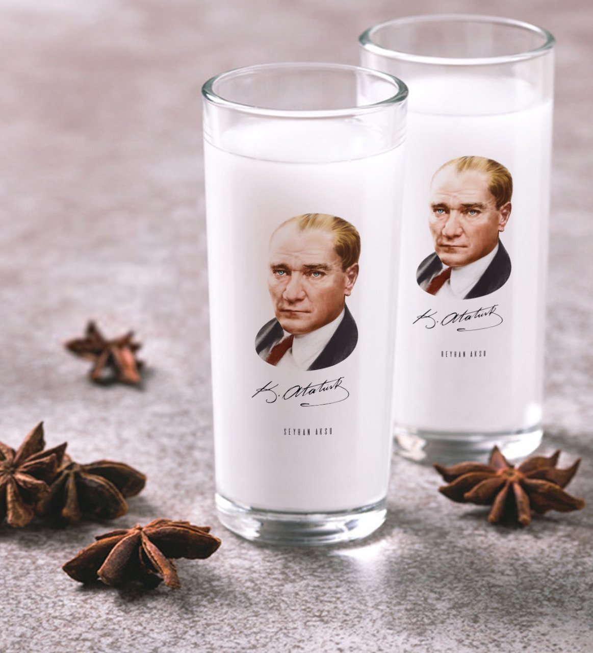 Kişiye Özel Renkli Baskılı Atatürk Temalı İkili Rakı Bardağı Seti-12
