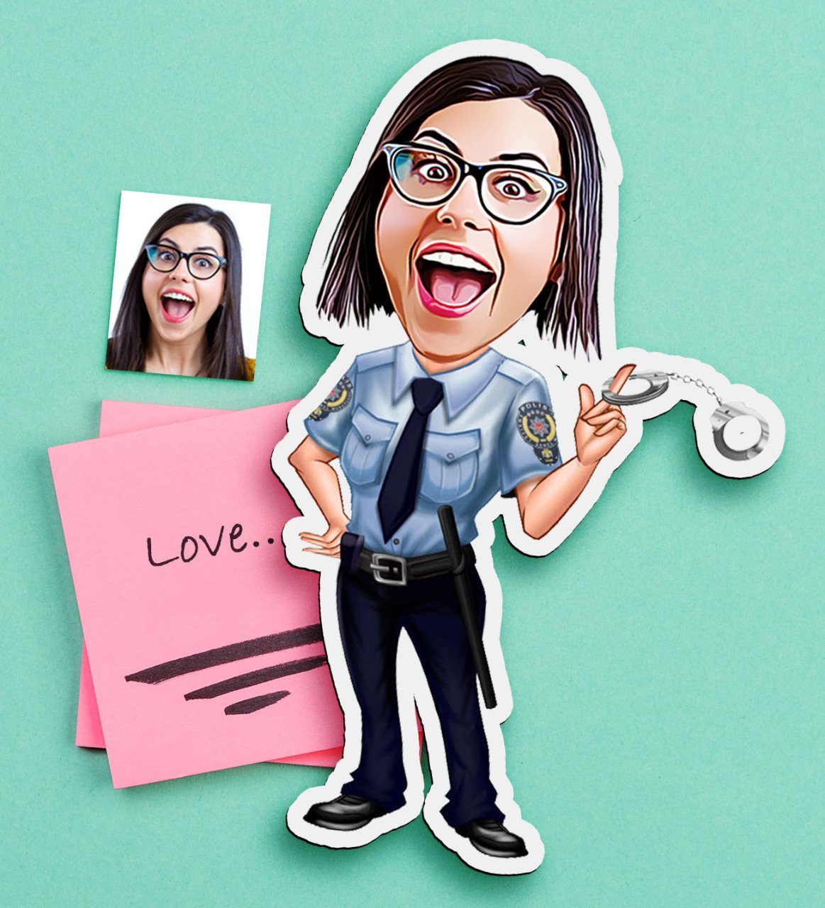 Kişiye Özel Bayan Polis Karikatürlü Ahşap Magnet
