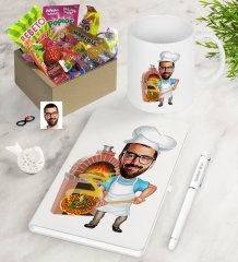 Kişiye Özel Bay Kebapçı Ustası Karikatürlü Nostaljik Lezzetler Defter Kalem Kupa Hediye Seti