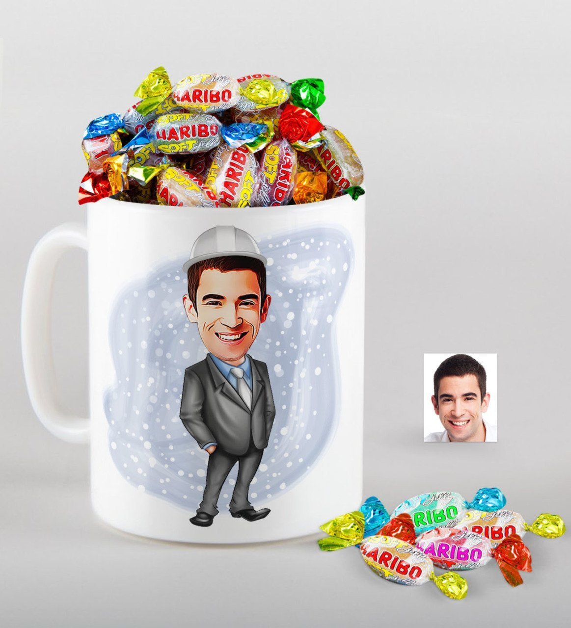 Kişiye Özel Bay Mühendis Karikatürlü Kupa ve Haribo Fruitbons Şeker Hediye Seti