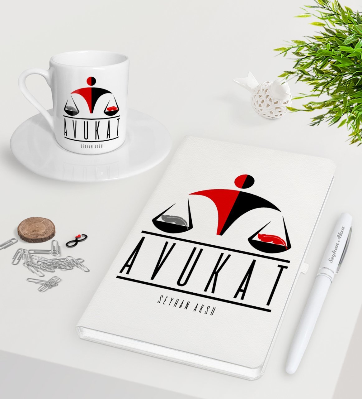 Kişiye Özel Avukat Beyaz Defter Kalem Türk Kahvesi Fincanı Seti-4