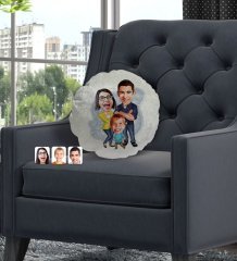 Kişiye Özel Aile Karikatürlü Yuvarlak Dekoratif Kırlent Yastık-1
