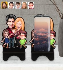 Kişiye Özel Aile Karikatürlü Ahşap Biblo Telefon Standı-5
