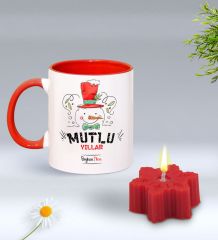 Yılbaşı Hediyesi BK Gift Kişiye Özel Yeni Yıl Tasarımlı Kırmızı Kupa Bardak ve Kırmızı Kar Tanesi Kokulu Mum Hediye Seti-5, Sevgiliye, Arkadaşa Hediye