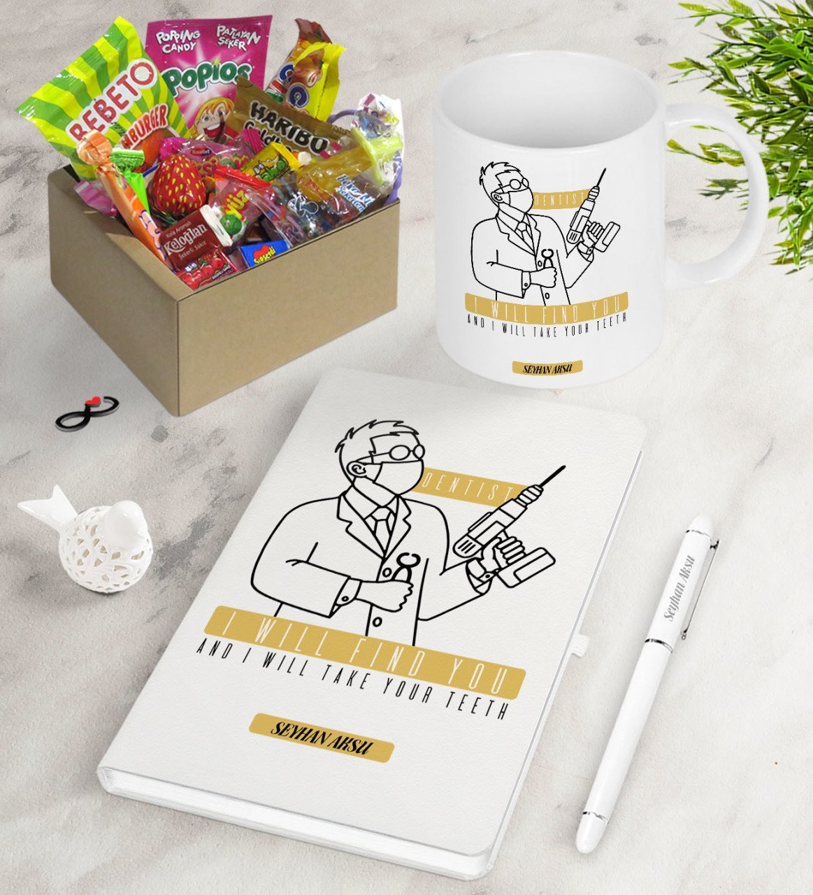 Kişiye Özel Diş Hekimi Nostaljik Lezzetler Defter Kalem Kupa Hediye Seti-4