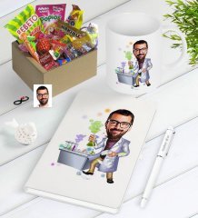 Kişiye Özel Bay Kimya Öğretmeni Karikatürlü Nostaljik Lezzetler Defter Kalem Kupa Seti-2