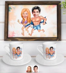 Kişiye Özel Sevgililer Karikatürlü Doğal Ahşap Tepsi ve 2’li Kahve Fincan Seti-8