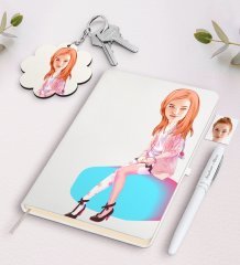 Kişiye Özel Kadın Karikatürlü Beyaz Defter Kalem Ve Anahtarlık Hediye Seti-32