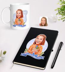 BK Gift Kişiye Özel Öğretmen Karikatürlü Siyah Defter Kalem Kupa Seti - 4