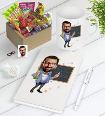 Kişiye Özel Bay Kimya Öğretmeni Karikatürlü Nostaljik Lezzetler Defter Kalem Kupa Seti-1