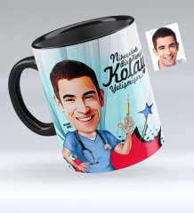 Kişiye Özel Bay Hemşir Karikatürlü Siyah Kupa Bardak - 1
