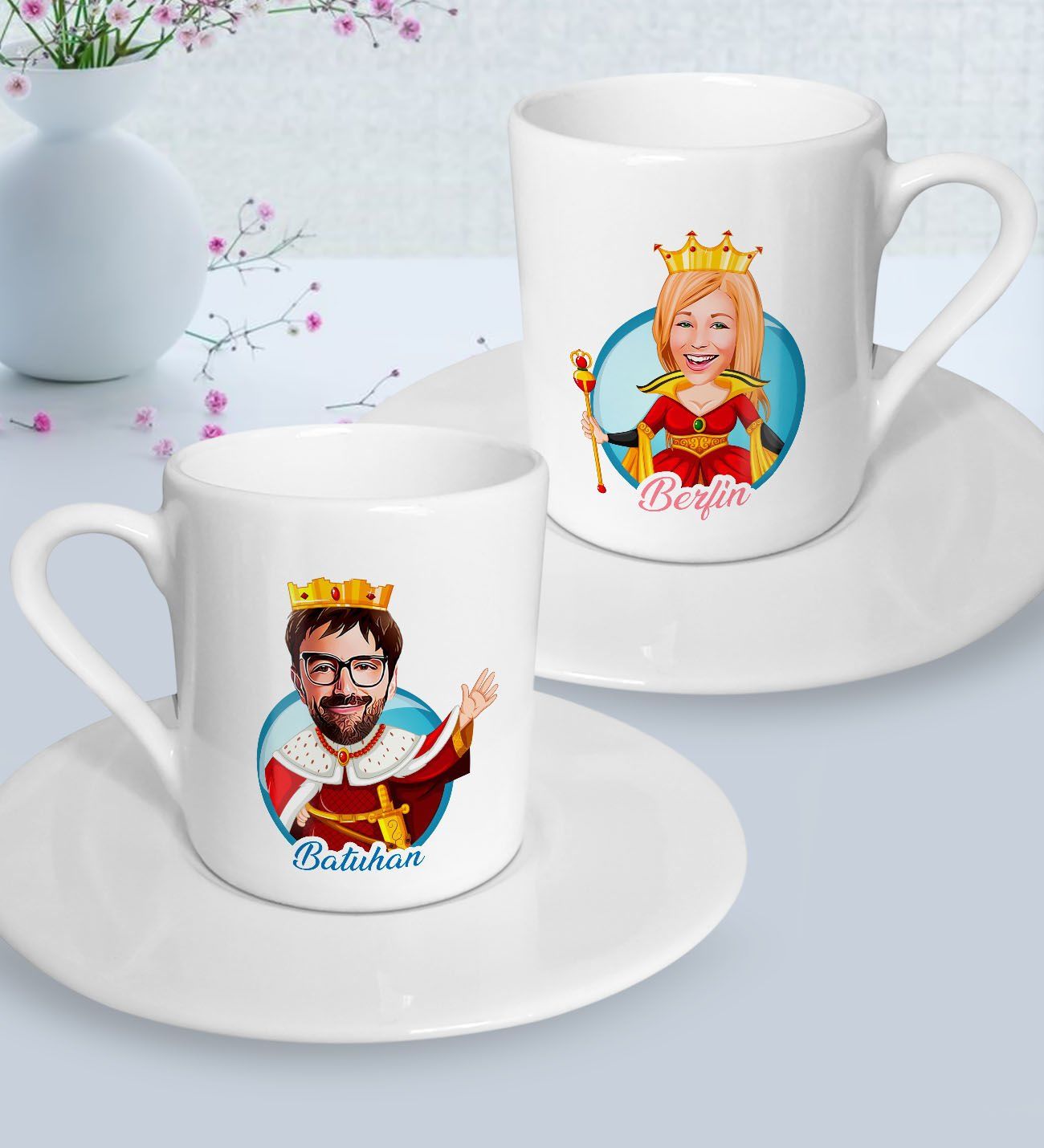 BK Gift Kişiye Özel Kral ve Kraliçe Karikatürlü 2’li Türk Kahvesi Fincanı-1, Sevgililer Günü Hediyesi, Sevgiliye Hediye, Ev Hediyesi
