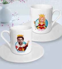 BK Gift Kişiye Özel Kral ve Kraliçe Karikatürlü 2’li Türk Kahvesi Fincanı-1, Sevgililer Günü Hediyesi, Sevgiliye Hediye, Ev Hediyesi
