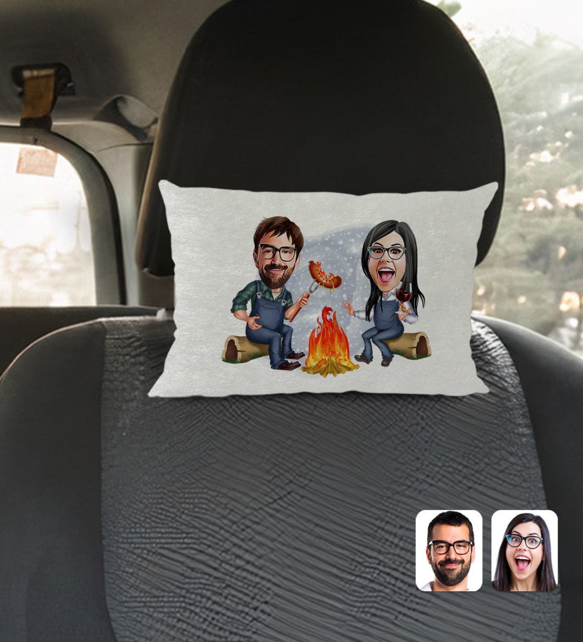 Kişiye Özel Sevgililer Karikatürlü Dikdörtgen Araç Koltuk Yastığı-95