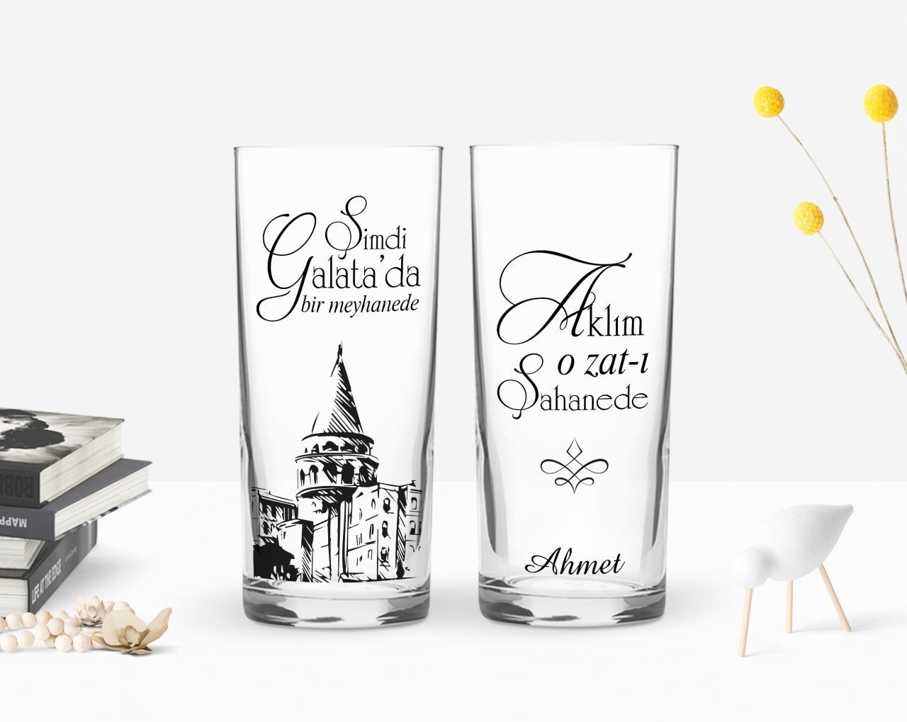 Kişiye Özel Renkli Baskılı Şimdi Galata'da Tasarımlı İkili Rakı Bardağı Seti-1